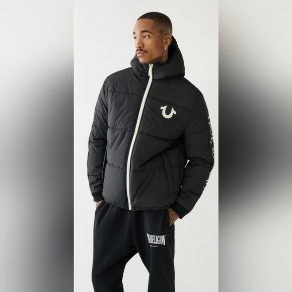 True Religion Black Puffer Jacket with White Accents Size Lg - Picture 1 of 14